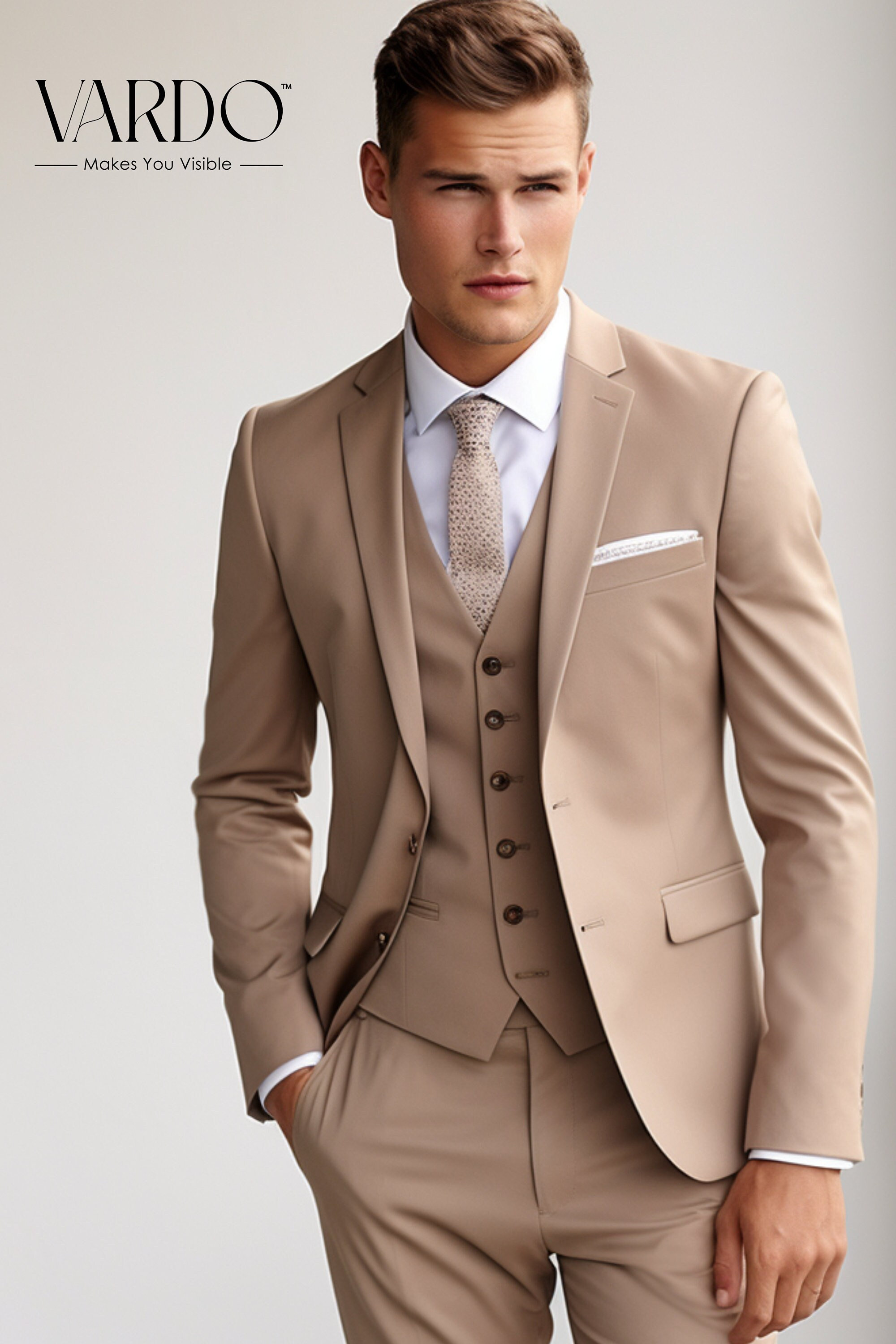 Men's Portly Executive Fit Solid Tan Light Brown Two Button 2 Piece Wool  Suit | The Suit Depot