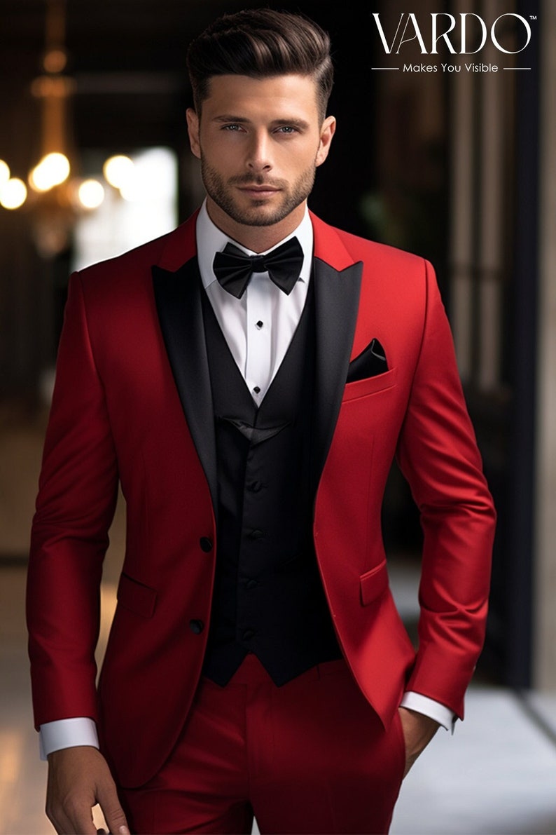 Dapper: Classic Red Tuxedo Suit for Men Premium Quality Formal Wear Tailored Suit The Rising Sun store, Vardo zdjęcie 1