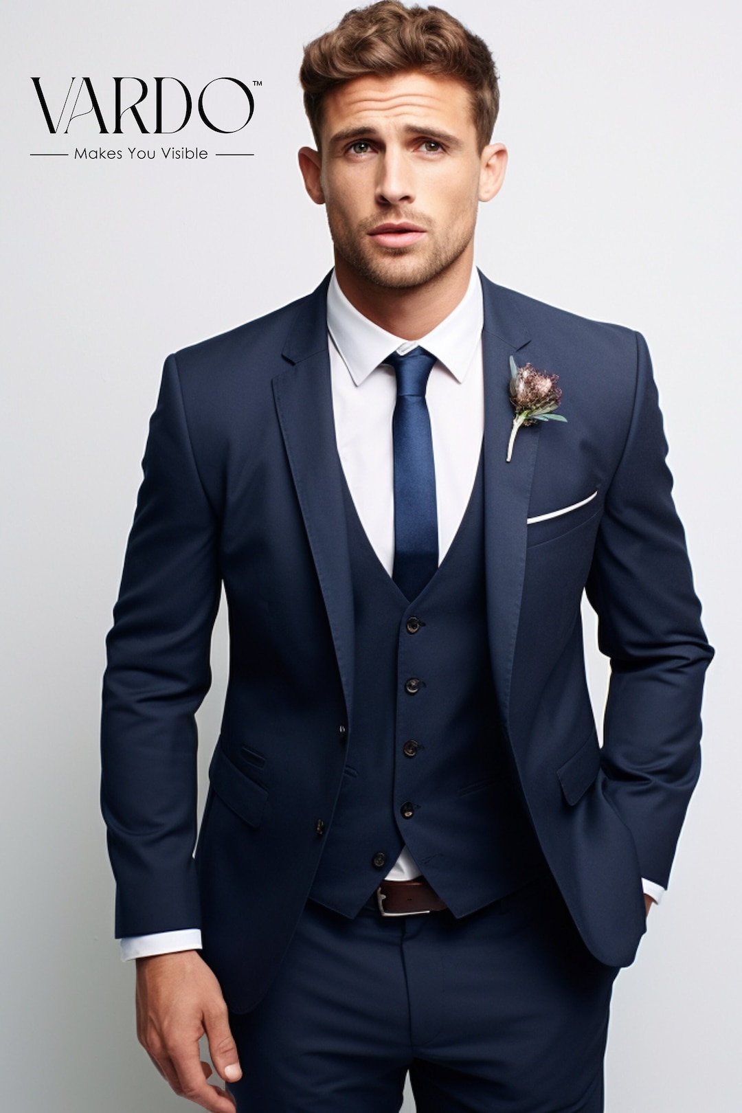 Elegant Men's Navy Blue Notch Lapel 3-piece Suit - Classy