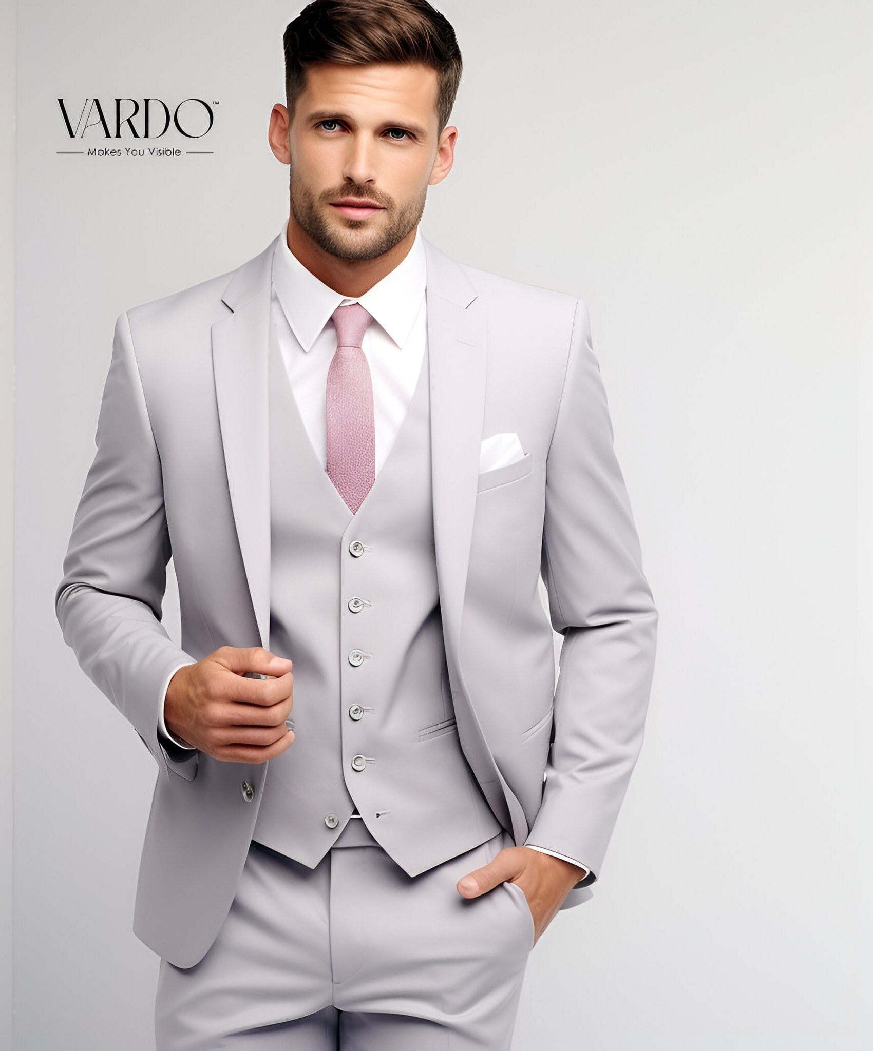 Men's Light Grey Three-piece Suit - Slim Fit, Notch Lapel Men's Light Grey Three-piece Suit - Slim Fit, Notch Lapel