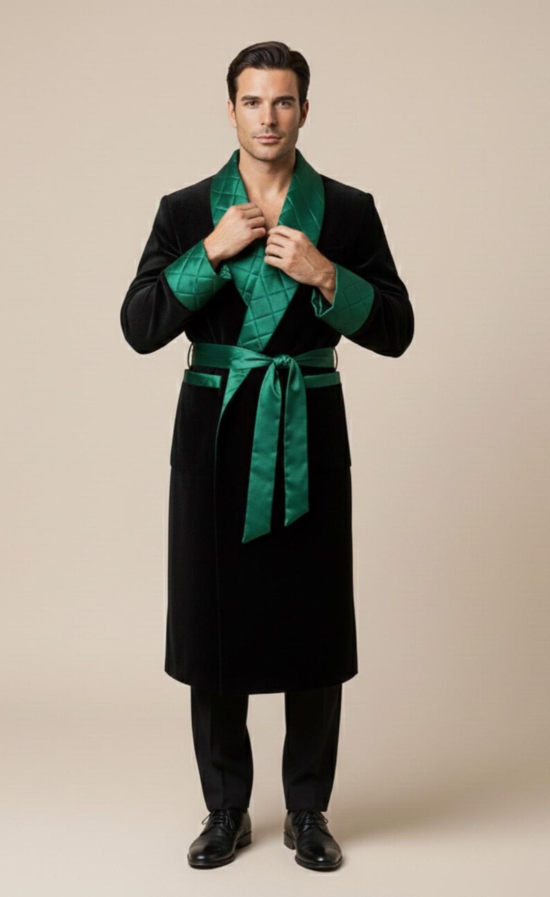 Men's Smoking Robe Men’s Black Velvet Smoking Robe With Emerald Green Satin Trim - Etsy