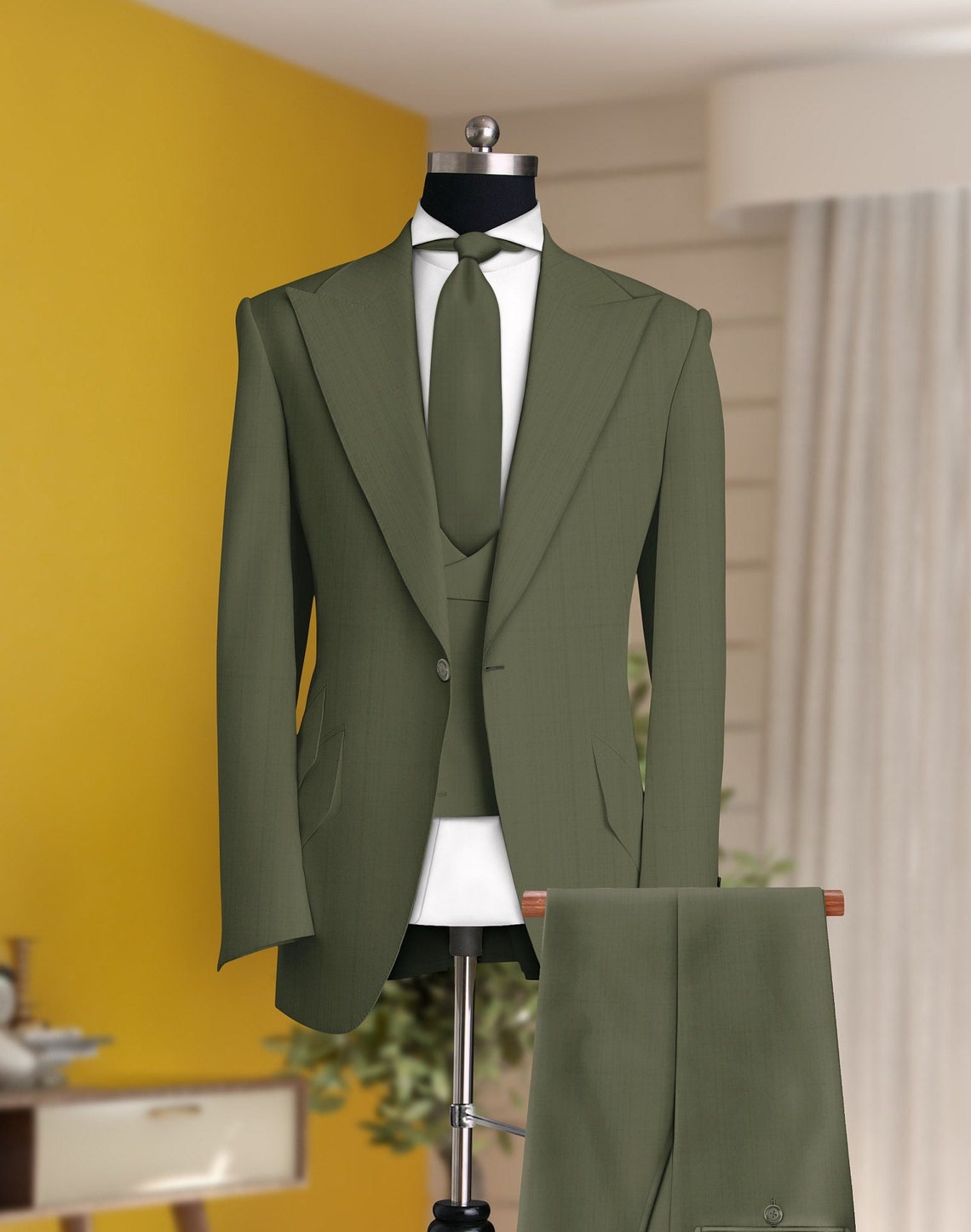 Men Suits Suits For men olive Green Three piece Wedding Suit image 1