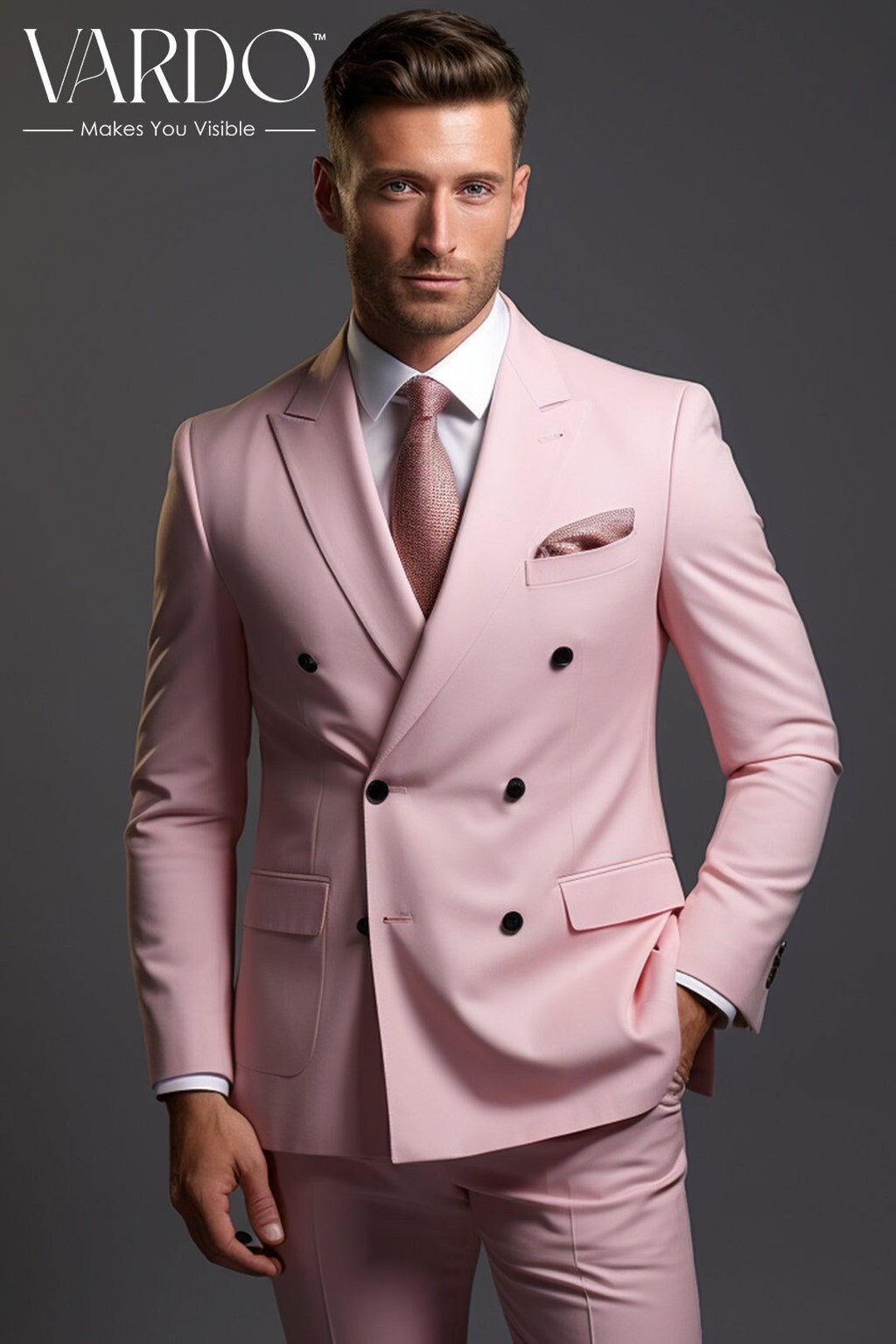 Stylish Light Pink Double Breasted Suit for Men Premium Men's Wedding ...