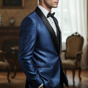 Men’s Royal Blue 3-Piece Tuxedo Suit with Black Satin Lapel – Formal Wedding Wear image 4
