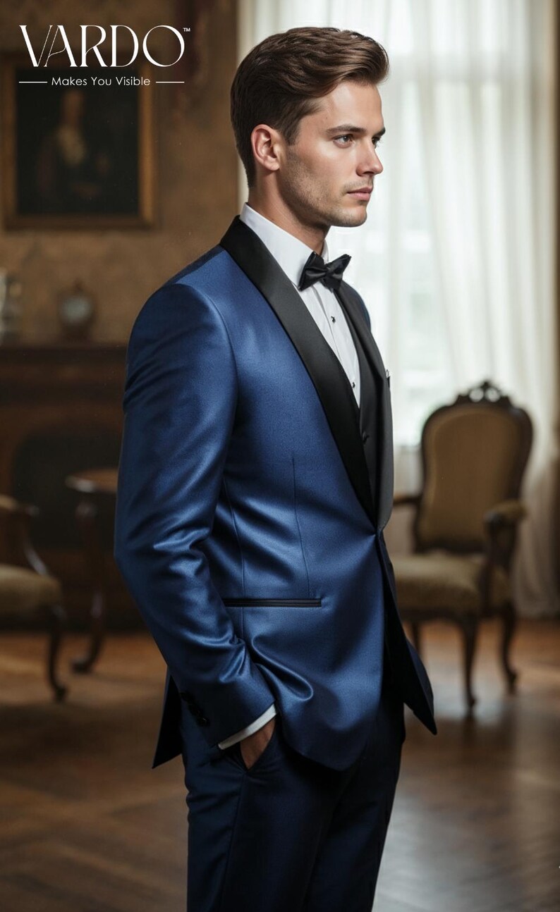 Men’s Royal Blue 3-Piece Tuxedo Suit with Black Satin Lapel – Formal Wedding Wear image 4