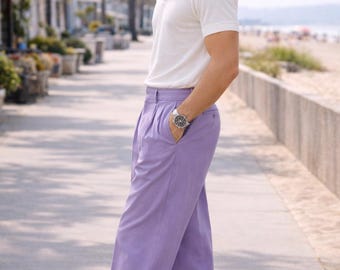 Men's Lavender Pleated Dress Pants – High Waisted Wide Leg Summer