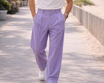 Men's Lavender Pleated Dress Pants – High Waisted Wide Leg Summer