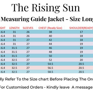 May include: A size chart for a jacket in long sizes. The chart shows measurements for size, height, length, sleeves, chest, shoulder, and neck. The measurements are in inches.