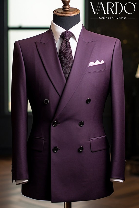 【VINTAGE】 double breasted setup purple Royal Elegance: Men's Purple Double Breasted Suit for