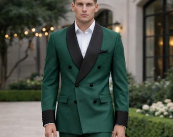 Men’s Emerald Green Double Breasted Tuxedo Suit for Weddings and Elegant Daytime Events