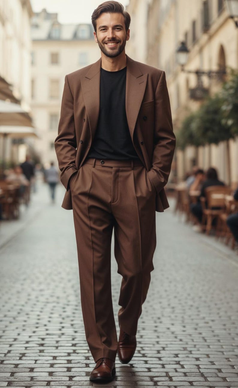 May include: A brown suit with a black t-shirt. The suit includes a double-breasted jacket and matching trousers. The person is wearing brown leather shoes. The background is a cobblestone street with buildings and outdoor seating.