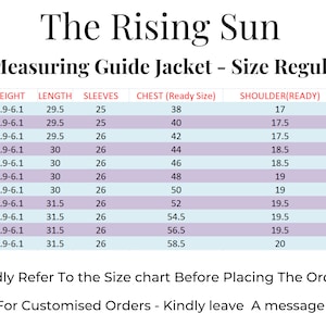 May include: A size chart for a jacket with measurements in inches for height, length, sleeves, chest, shoulder, and neck. The chart includes sizes from 34R to 54R.
