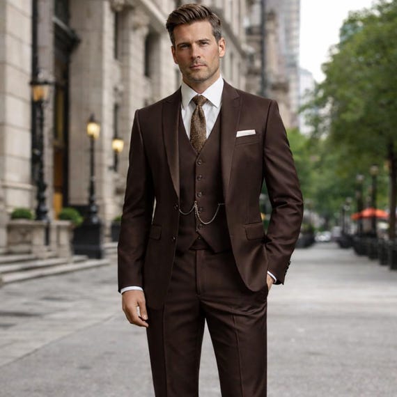 メンズ ダークブラウン 3ピーススーツ – スリムフィット 結婚式