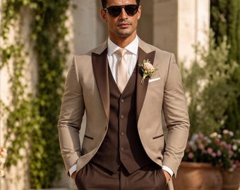 Men's Light Brown & Chocolate Brown Three Piece Suit – Slim Fit Wedding Formal Suits
