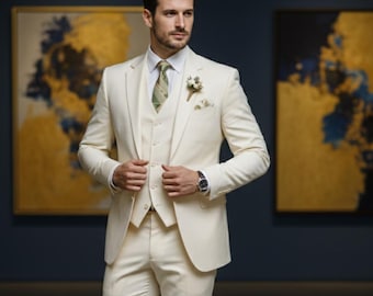 Men’s Ivory Three Piece Suit – Luxury Wedding, Groom & Elegant Formal Wear