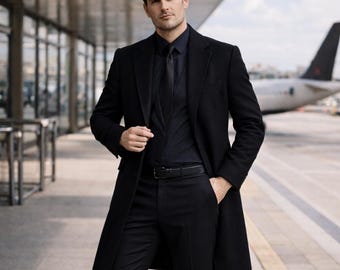 Black Wool Overcoat for Men, Tailored Long Winter Coat for Formal & Travel Wear
