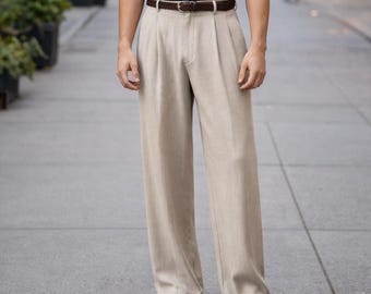 Beige Wide Leg Pleated Dress Pants – High Waist Tailored Slacks