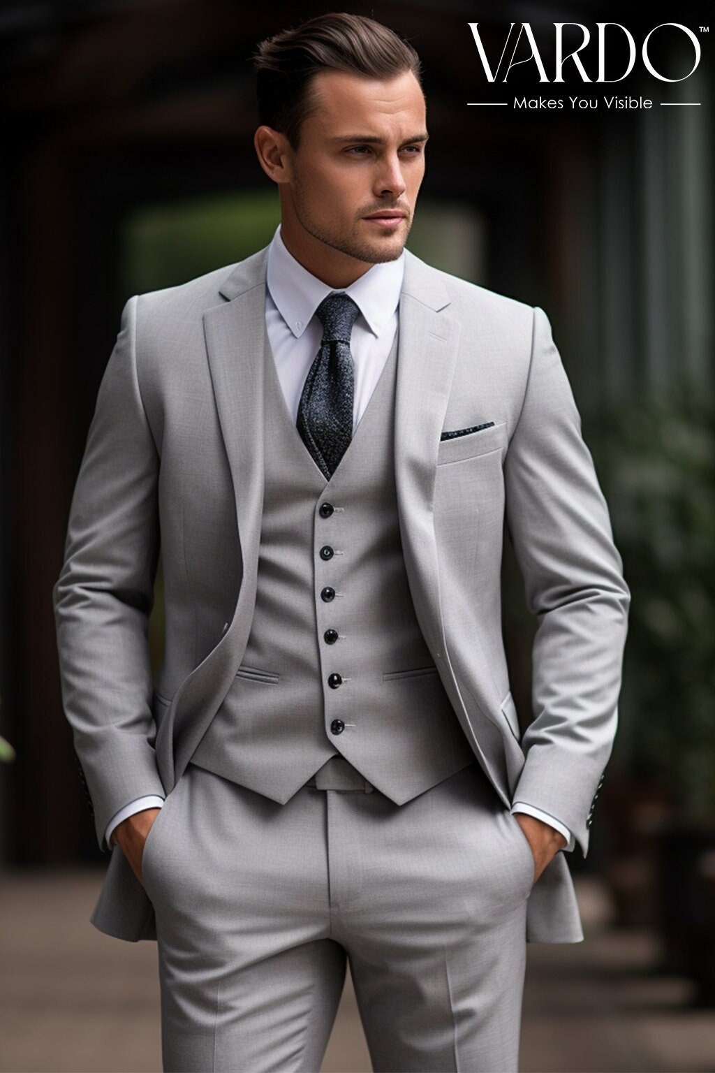 Men's Worsted Grey Three Piece Suit - Elegant Formal Wear Men's Worsted Grey Three Piece Suit - Elegant Formal Wear