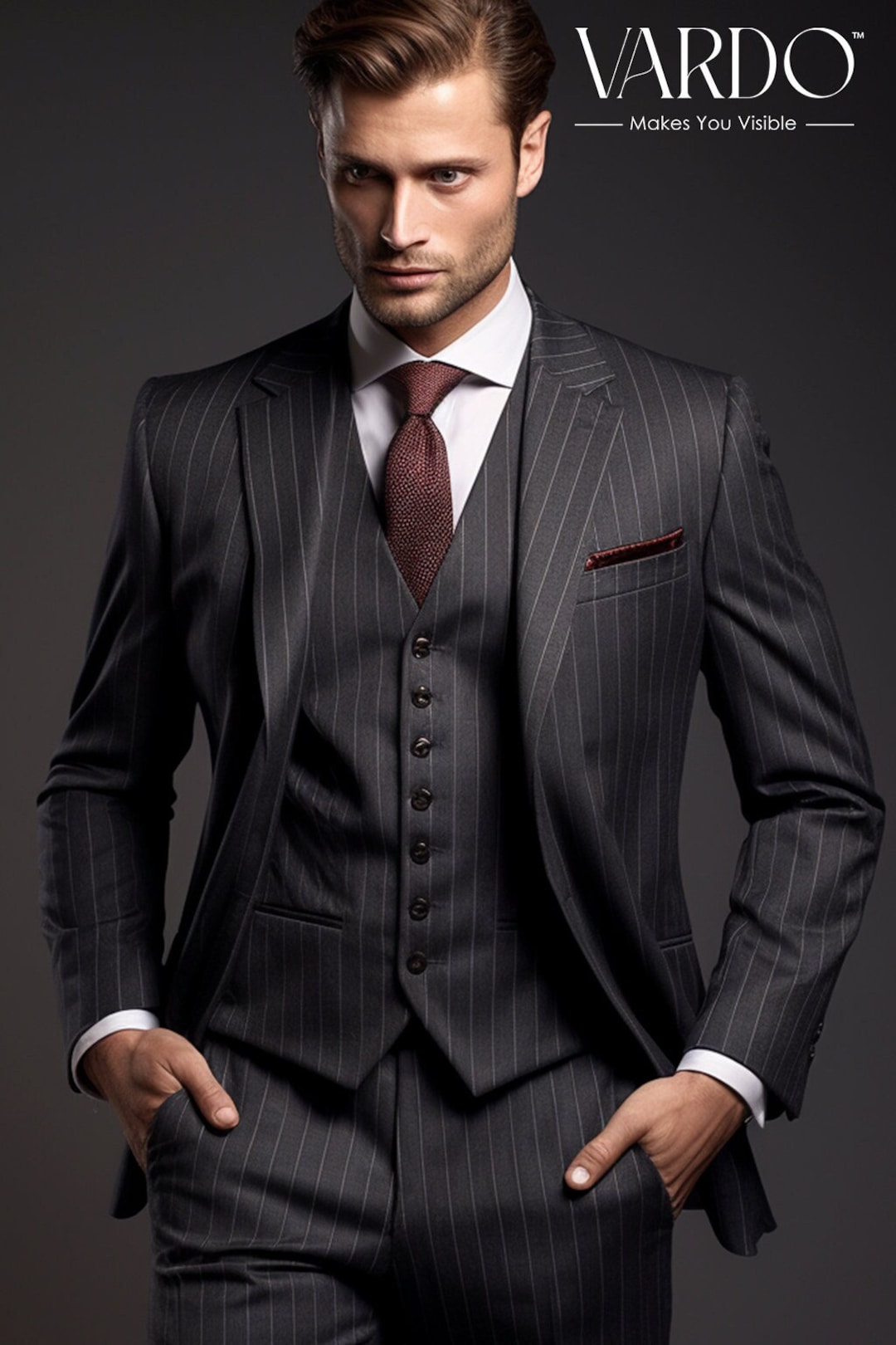 ダークグレー ストライプ スリーピーススーツ メンズ ダークグレー ピンストライプ 3ピーススーツ – スリムフィット