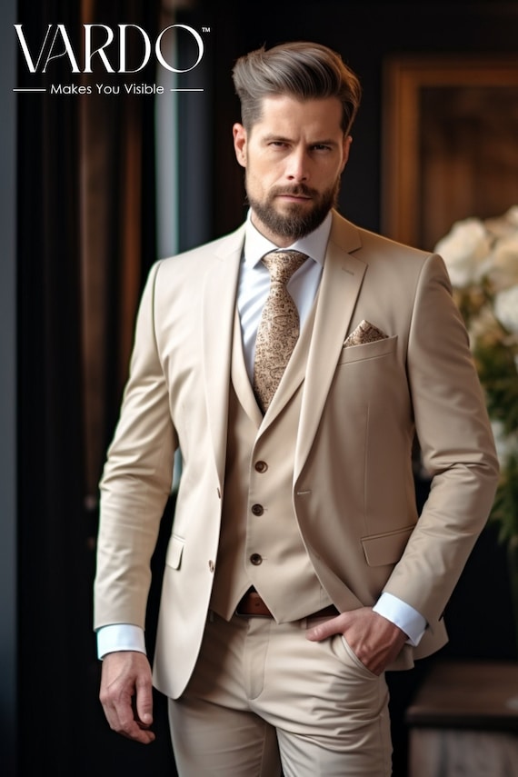 Classic Beige Three-piece Suit for Men Elegant Tailoring, Versatile Style,  the Rising Sun Store, Vardo 