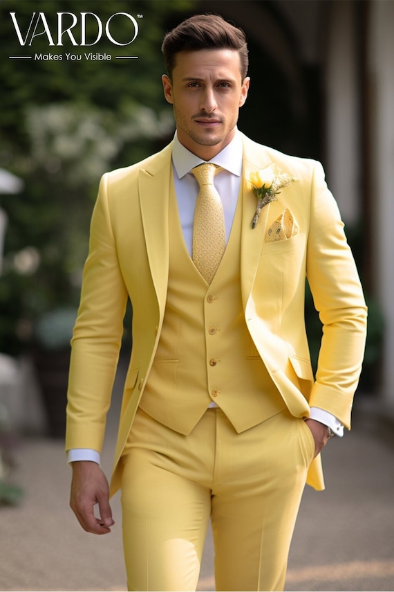 Premium Outfit Light Yellow Three Piece Suit for Men Wedding-tailored Fit,  the Rising Sun Store, Vardo 