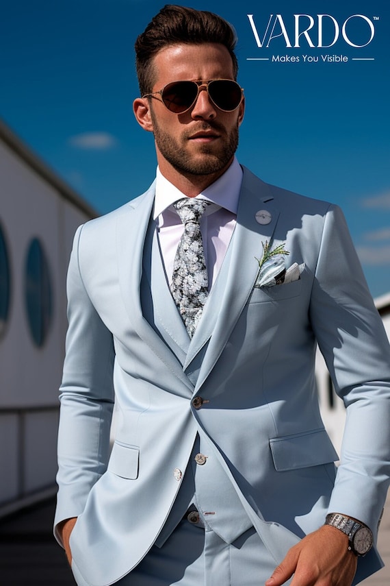Elegant Icy Blue Three Piece Suit for Men Perfect Fit tailored Fit