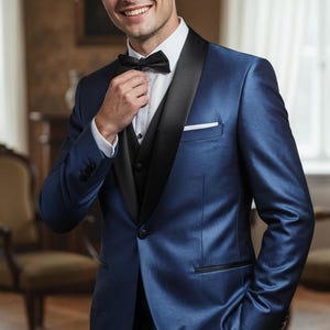 Men’s Royal Blue 3-Piece Tuxedo Suit with Black Satin Lapel – Formal Wedding Wear image 14