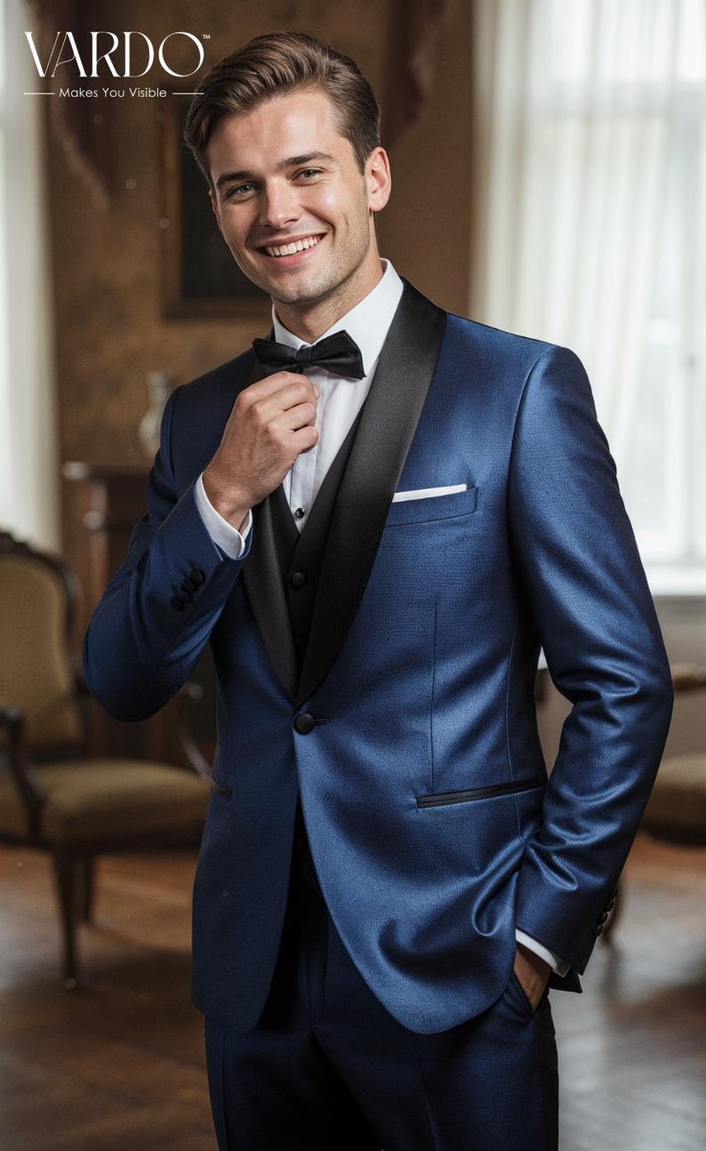 Men’s Royal Blue 3-Piece Tuxedo Suit with Black Satin Lapel – Formal Wedding Wear image 14