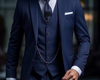 Men’s Navy Blue 3-Piece Suit – Slim Fit Wedding and Formal Ensemble