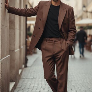 May include: A brown double-breasted suit with matching trousers and brown leather shoes. The suit is worn over a black crew neck shirt. The man is leaning against a stone wall in an outdoor setting.