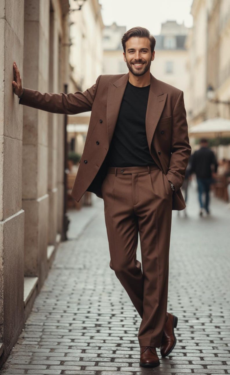 May include: A brown double-breasted suit with matching trousers and brown leather shoes. The suit is worn over a black crew neck shirt. The man is leaning against a stone wall in an outdoor setting.
