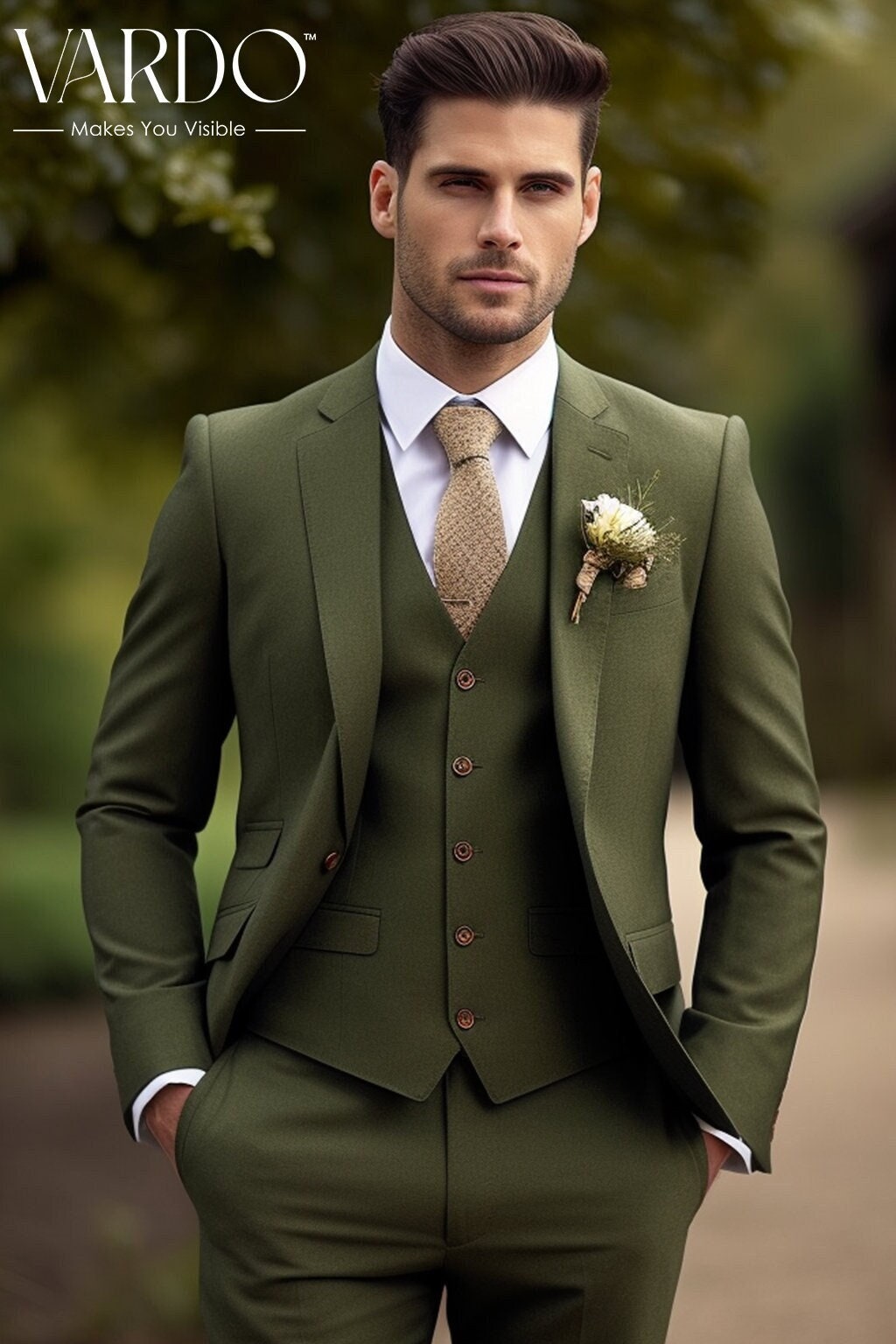 Men's Khaki Green Three Piece Suit Stylish Formal Attire for Any