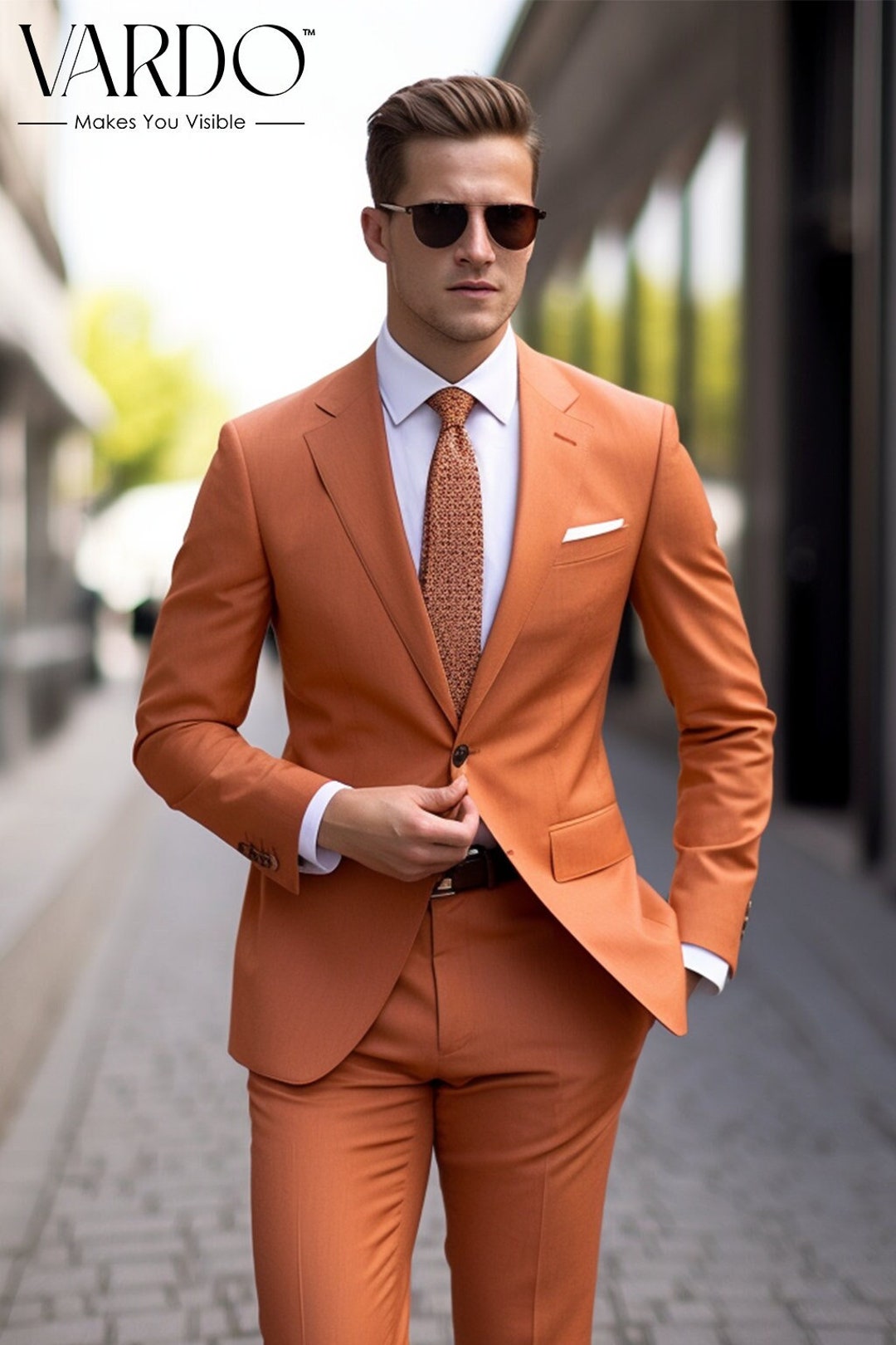 Elegant Light Orange Two-piece Suit for Men Tailored Fit, the Rising