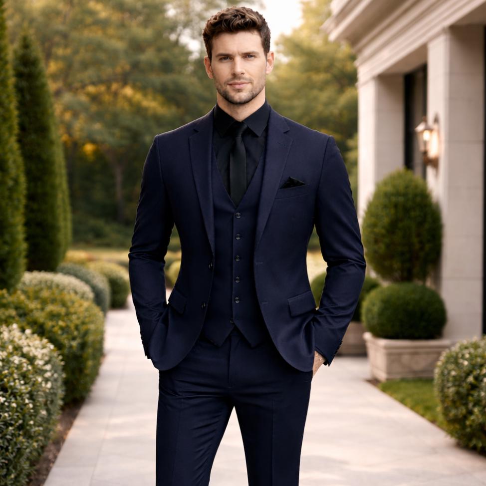 Men's Navy Blue Three Piece Suit – Luxury Tailored Wedding