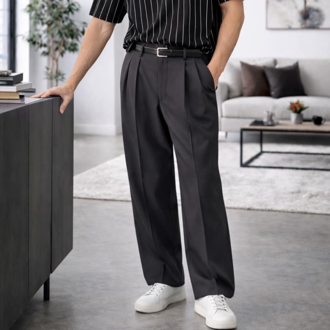 NEAT wide slacks ダークグレー Charcoal Grey Wide Leg Pleated Dress Pants – Vintage Inspired Mens