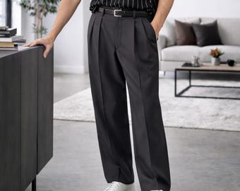 Charcoal Grey Wide Leg Pleated Dress Pants – Vintage Inspired Mens Slacks