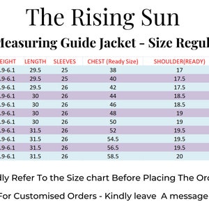 May include: A size chart for a jacket with measurements in inches for height, length, sleeves, chest, shoulder, and neck. The chart includes sizes from 34R to 54R.