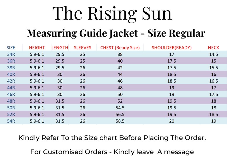May include: A size chart for a jacket with measurements in inches for height, length, sleeves, chest, shoulder, and neck. The chart includes sizes from 34R to 54R.