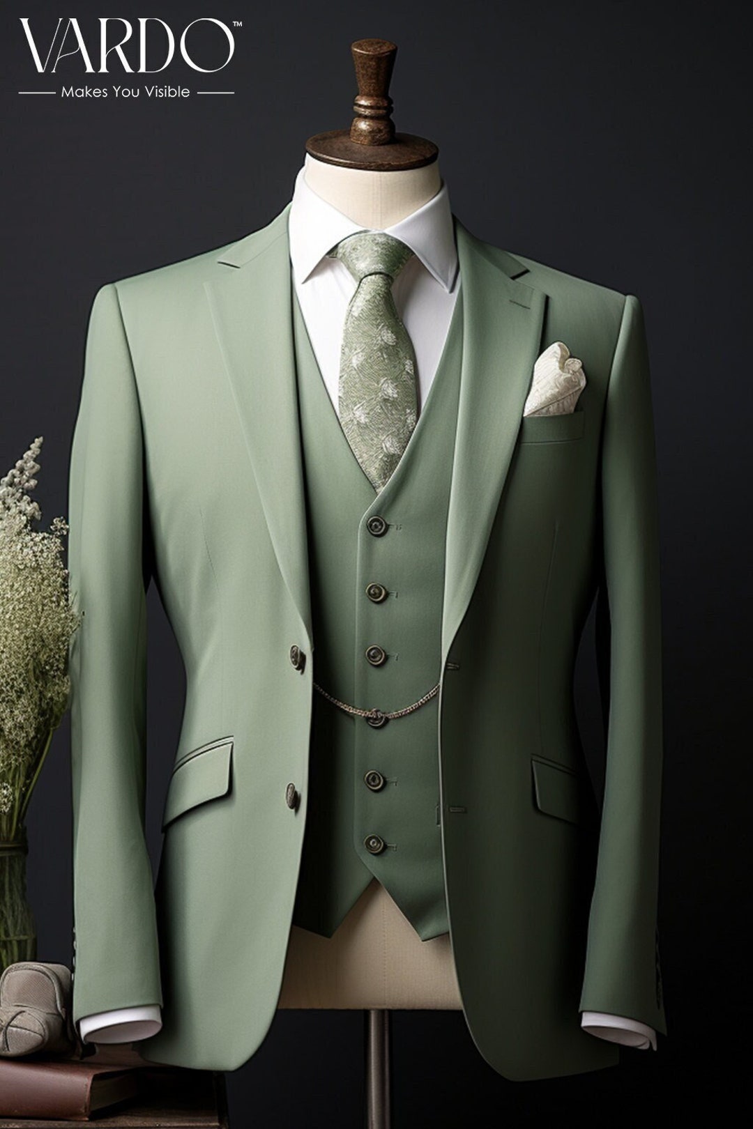 Sage Classic 3 Piece Men's Suit with Regular Fit and Sophisticated Peak Lapel CN476