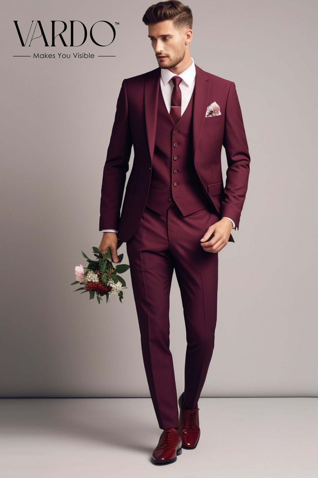 Mens 3 Button Peak Lapel Fashion Suit in Burgundy main image 1