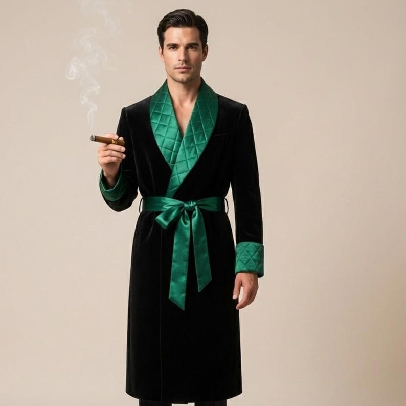 Men's Smoking Robe Men’s Black Velvet Smoking Robe With Emerald Green Satin Trim - Etsy