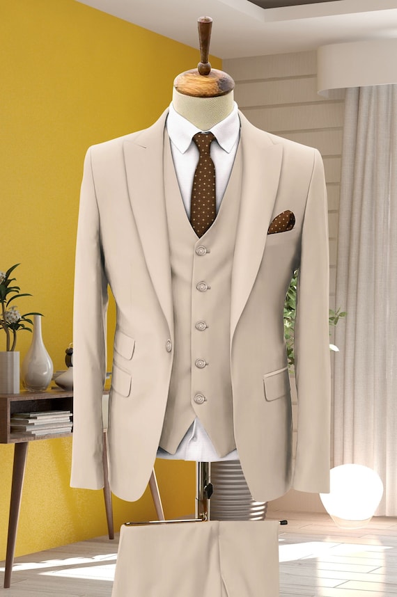 Men Suits, Suits for Men Champagne Three Piece Wedding Suit