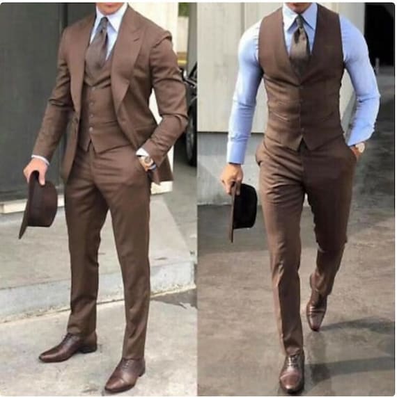 Men Suits, Luxury Brown 3 Piece Wedding Suits, Groom Wear One Button Coat  Vest Pant Suits, 