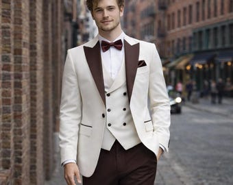 Ivory & Chocolate Brown Wedding Tuxedo – 3 Piece Groom Suit