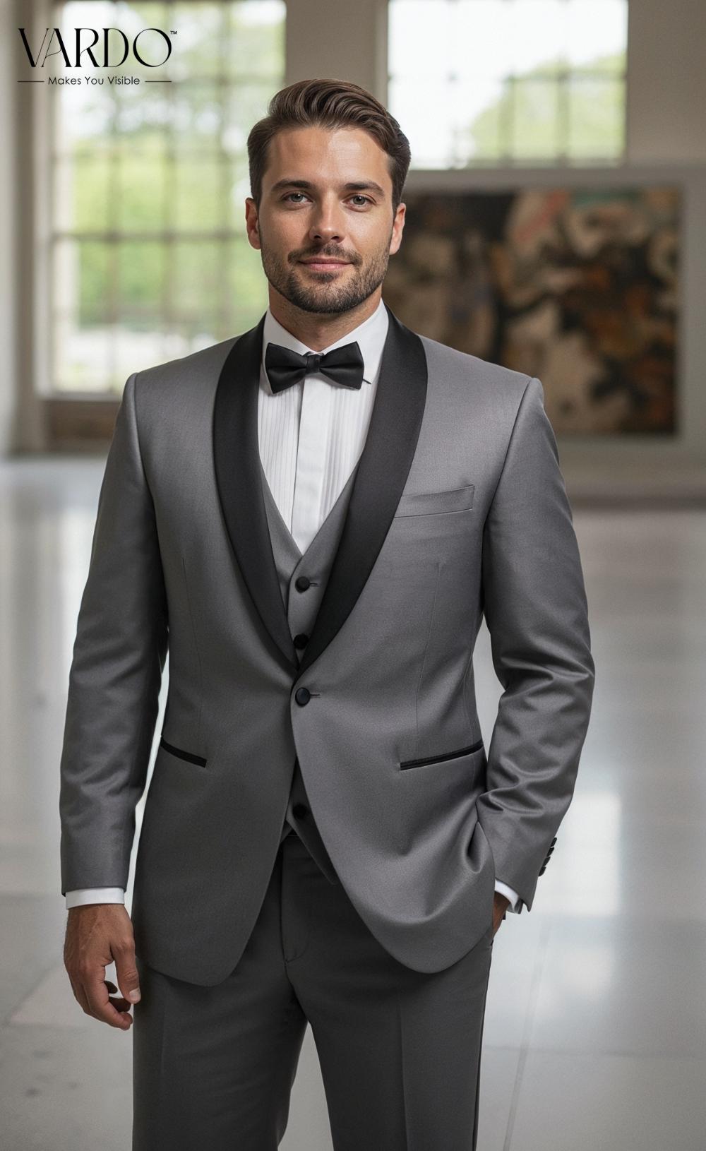 Men's Grey Tuxedo Suit | Black Shawl Lapel, Wedding Formalwear
