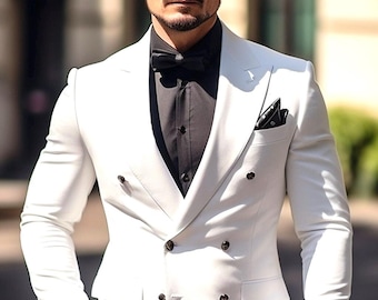 Men’s White Double-Breasted Suit – Slim Tailored Fit