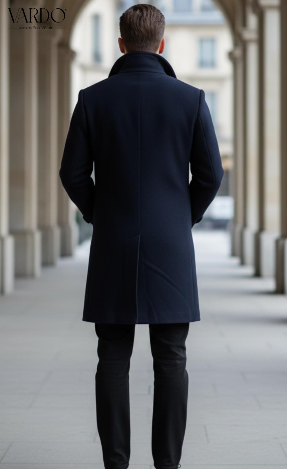 メンズ ネイビーブルー ウール ダブルブレスト オーバーコート – The