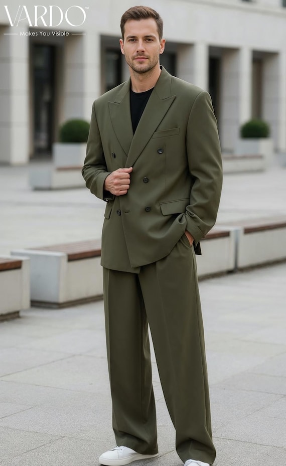 Oversized Olive Green Suit | Custom Tailored Double Breasted