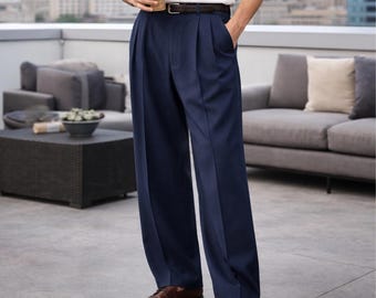 Navy Blue Wide Leg Pleated Dress Pants – Vintage Style Tailored Trousers