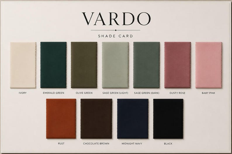 May include: A Vardo shade card featuring eleven rectangular fabric swatches arranged in two rows. Colors include ivory, emerald green, olive green, light sage green, dark sage green, dusty rose, baby pink, rust, chocolate brown, midnight navy, and black.